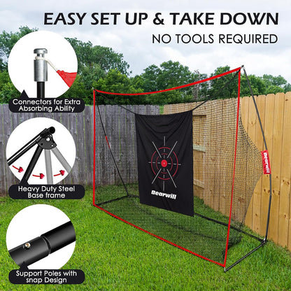 Golf Net, 10X7Ft Heavy Duty Golf Practice Nets with Mat, Target Cloth, 8 Tees, 6 Balls, Carry Bag for Backyard Driving Chipping Indoor Outdoor Training