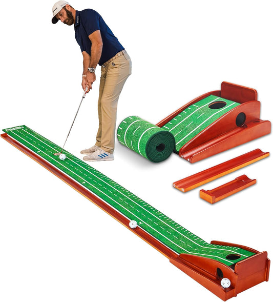Compact Golf Putting Mat with Ball Return - 8Ft Portable Practice Putting Green - Training Aid for Indoor, Outdoor Golf Practice at Home, Office, Backyard - Golfing Gifts for Men