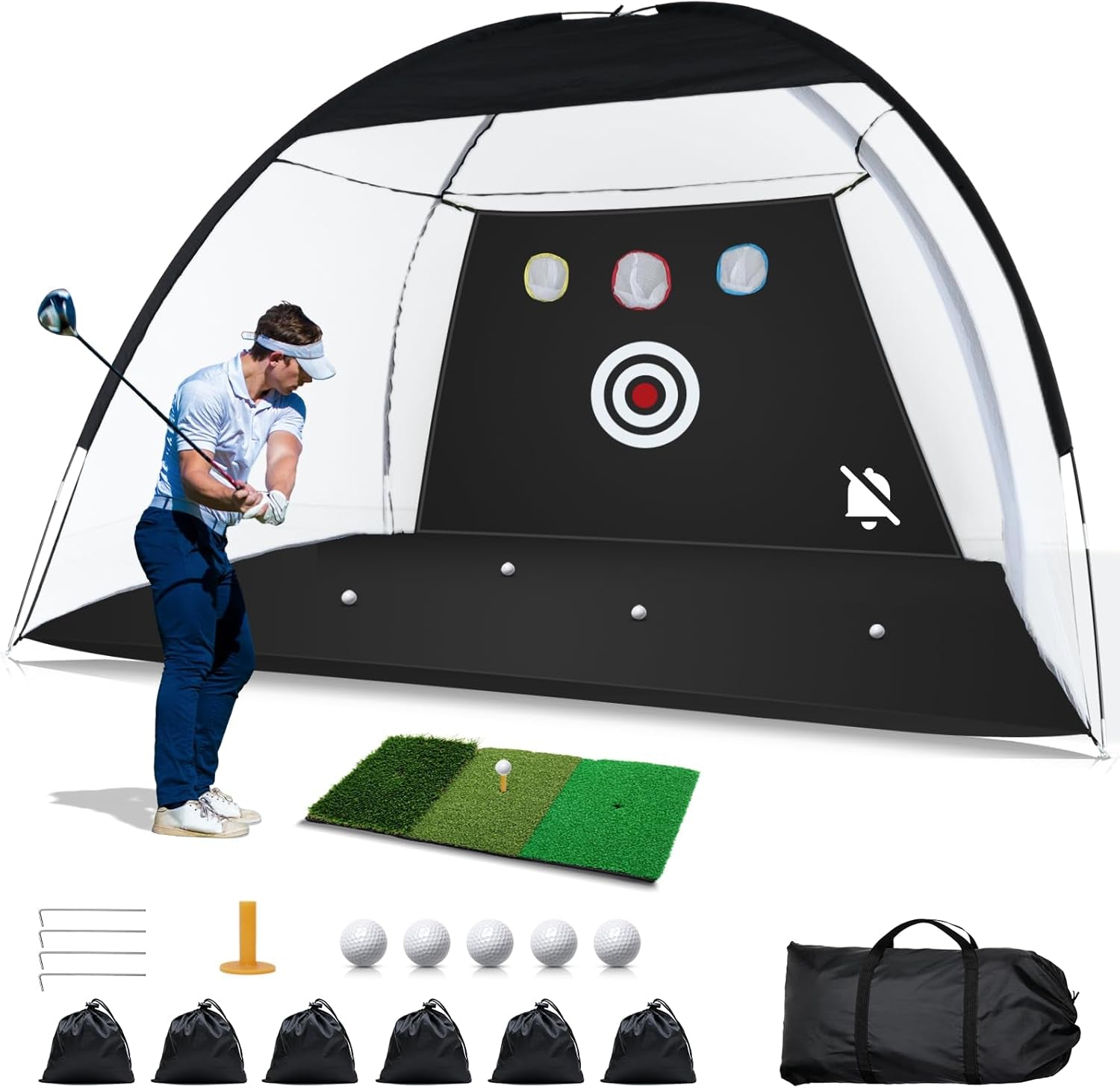 Golf Net with Noise Reduction Design, 10X7Ft, Black, Nylon, Golf Hitting Net System, Practice Net with Tri-Turf Mat