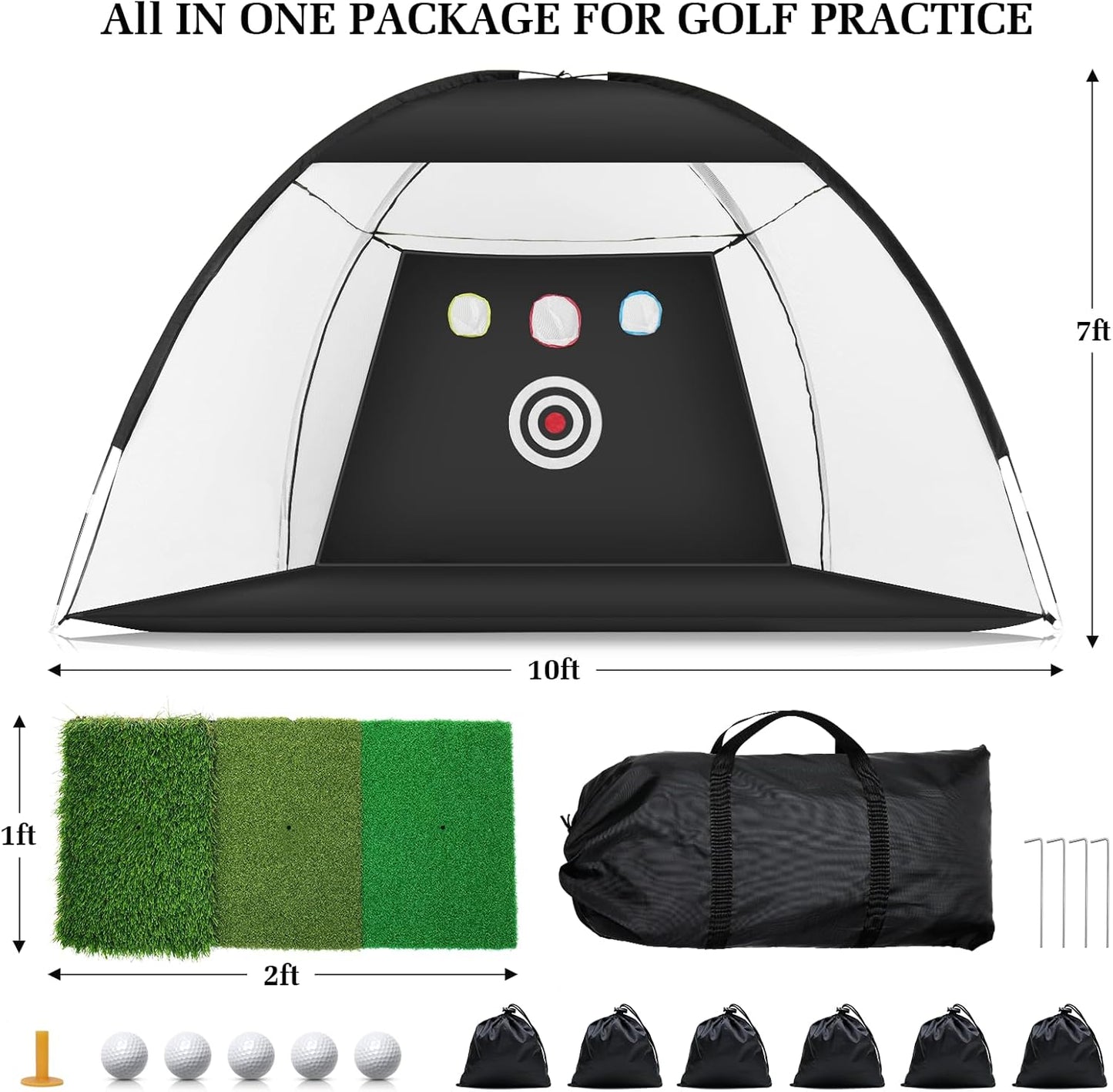 Golf Net with Noise Reduction Design, 10X7Ft, Black, Nylon, Golf Hitting Net System, Practice Net with Tri-Turf Mat