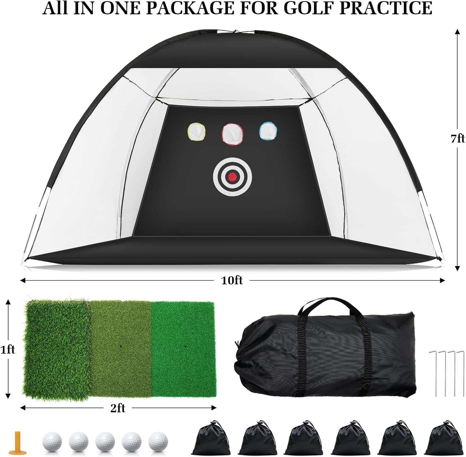 Golf Net with Noise Reduction Design, 10X7Ft, Black, Nylon, Golf Hitting Net System, Practice Net with Tri-Turf Mat