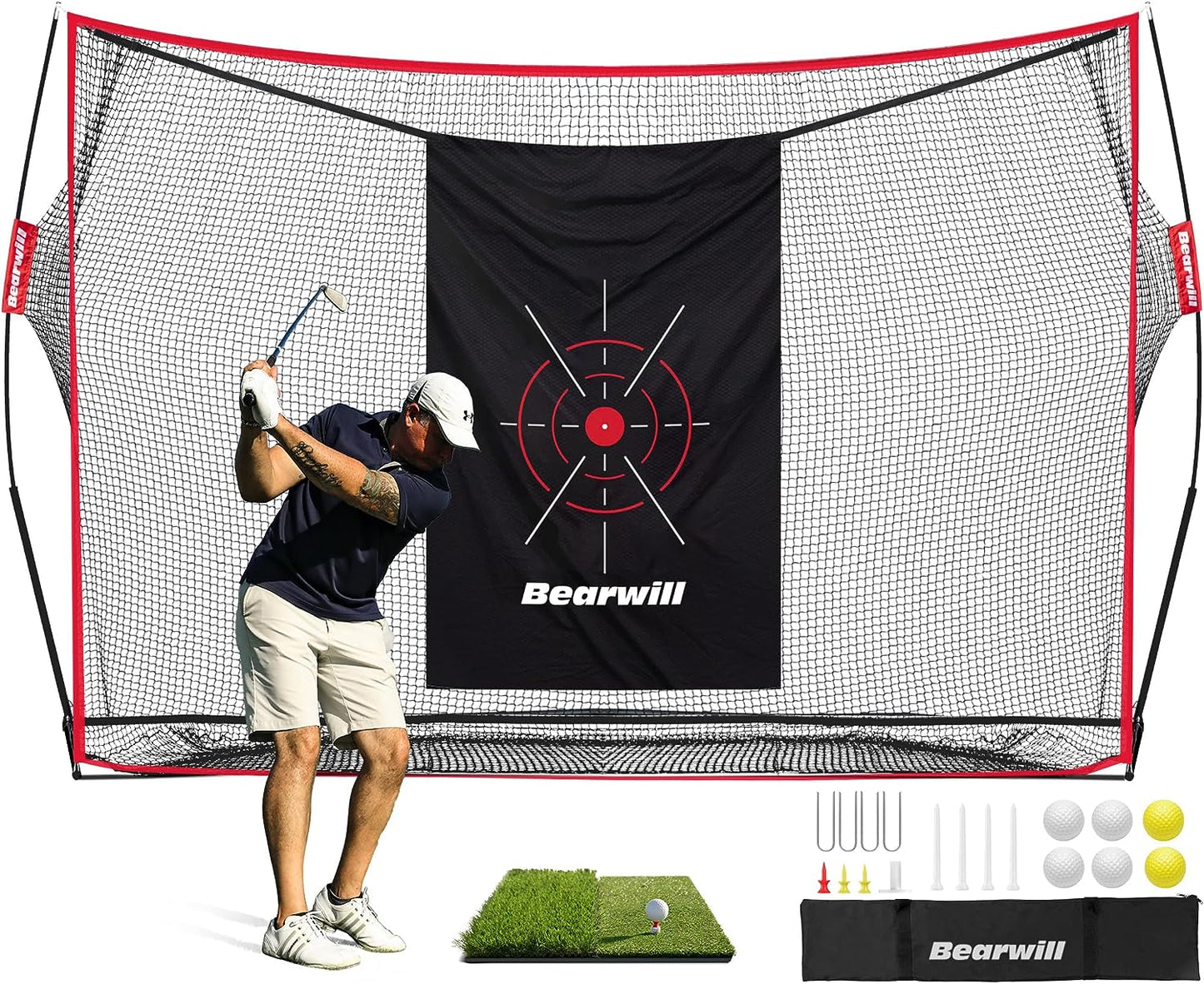 Golf Net, 10X7Ft Heavy Duty Golf Practice Nets with Mat, Target Cloth, 8 Tees, 6 Balls, Carry Bag for Backyard Driving Chipping Indoor Outdoor Training