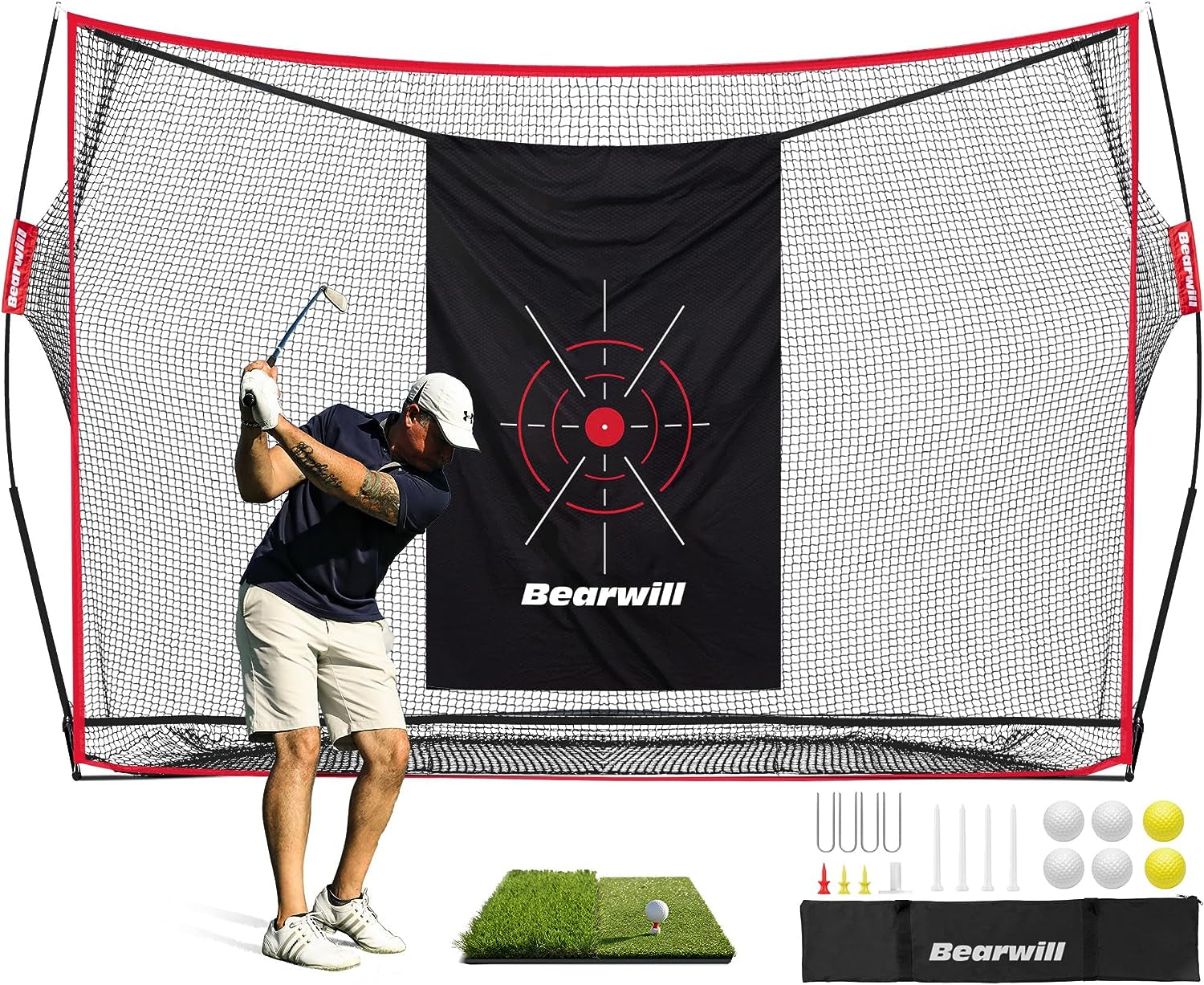 Golf Net, 10X7Ft Heavy Duty Golf Practice Nets with Mat, Target Cloth, 8 Tees, 6 Balls, Carry Bag for Backyard Driving Chipping Indoor Outdoor Training