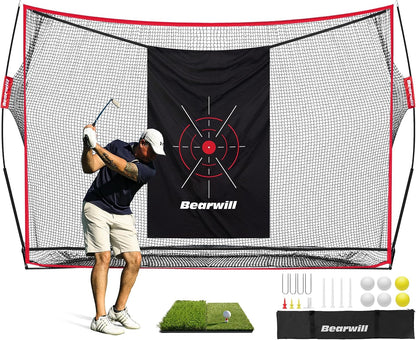 Golf Net, 10X7Ft Heavy Duty Golf Practice Nets with Mat, Target Cloth, 8 Tees, 6 Balls, Carry Bag for Backyard Driving Chipping Indoor Outdoor Training