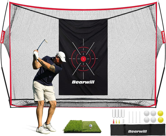 Golf Net, 10X7Ft Heavy Duty Golf Practice Nets with Mat, Target Cloth, 8 Tees, 6 Balls, Carry Bag for Backyard Driving Chipping Indoor Outdoor Training