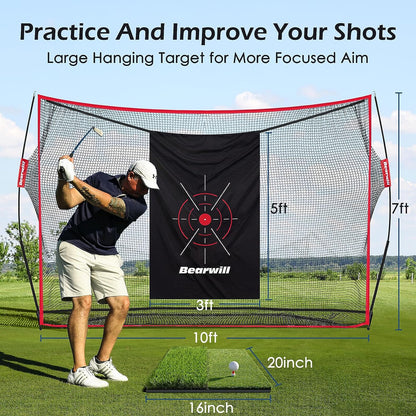 Golf Net, 10X7Ft Heavy Duty Golf Practice Nets with Mat, Target Cloth, 8 Tees, 6 Balls, Carry Bag for Backyard Driving Chipping Indoor Outdoor Training