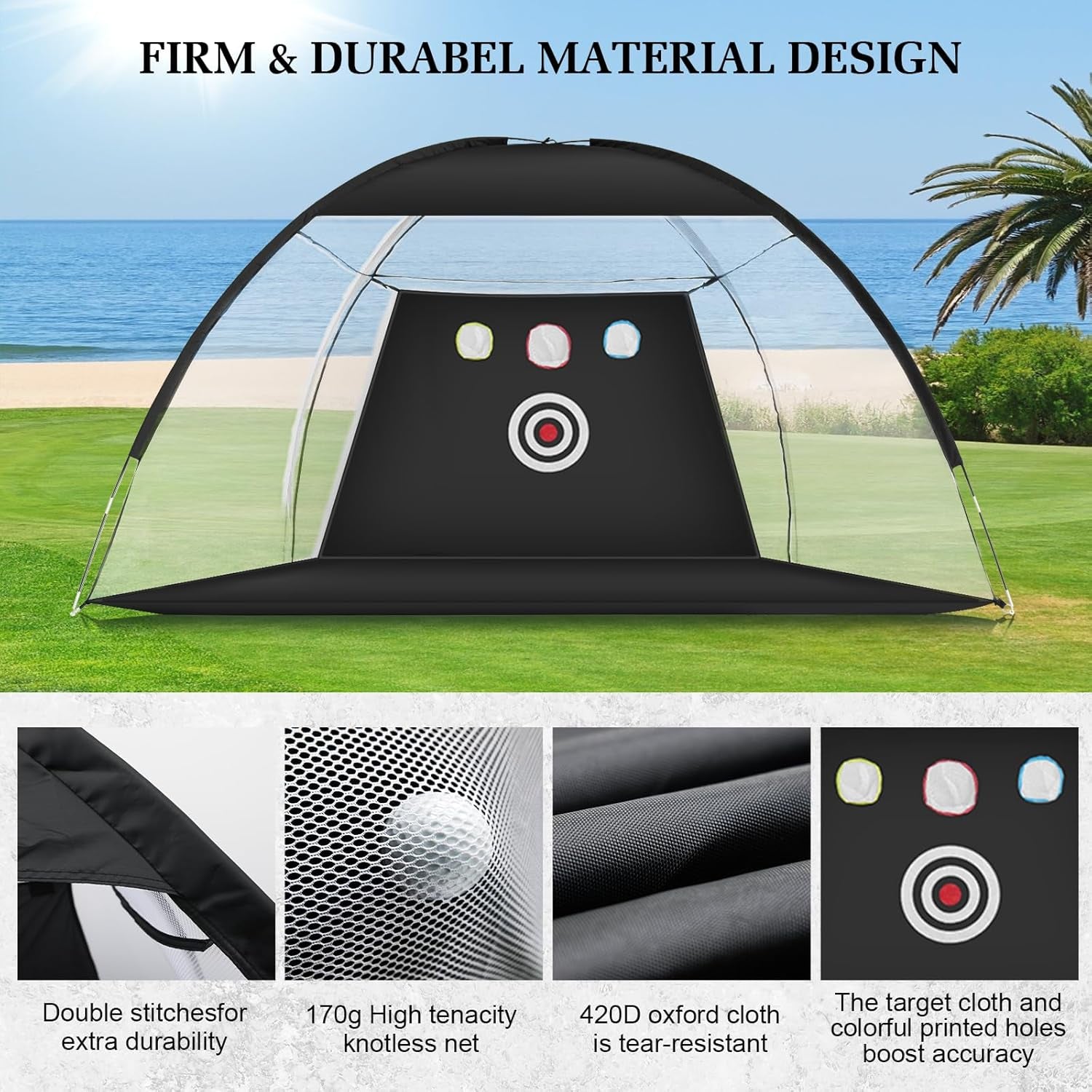 Golf Net with Noise Reduction Design, 10X7Ft, Black, Nylon, Golf Hitting Net System, Practice Net with Tri-Turf Mat