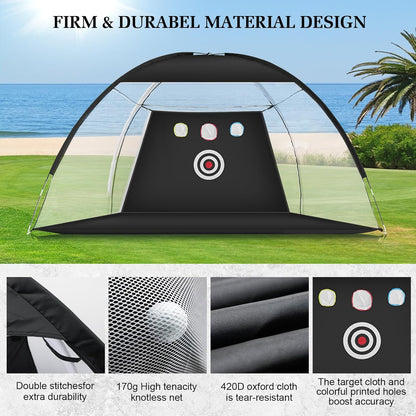 Golf Net with Noise Reduction Design, 10X7Ft, Black, Nylon, Golf Hitting Net System, Practice Net with Tri-Turf Mat