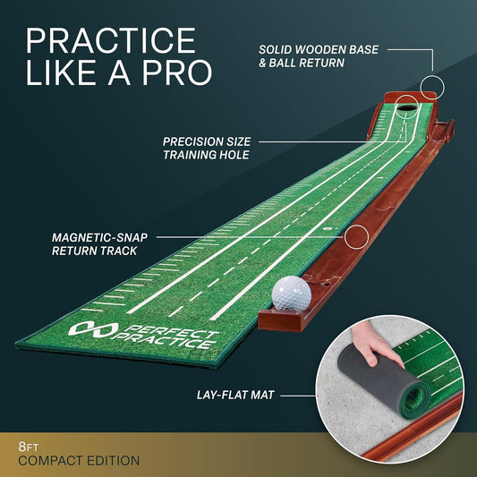 Compact Golf Putting Mat with Ball Return - 8Ft Portable Practice Putting Green - Training Aid for Indoor, Outdoor Golf Practice at Home, Office, Backyard - Golfing Gifts for Men