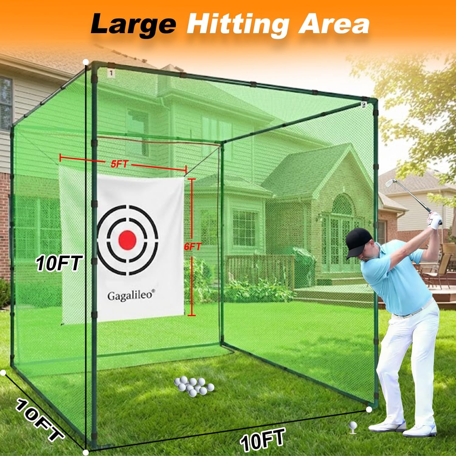 Golf Cage Net with Steel Frame and Target: 10X10X10FT Heavy Duty Practice Net for Backyard Driving & Indoor Driving Range Outdoor Training