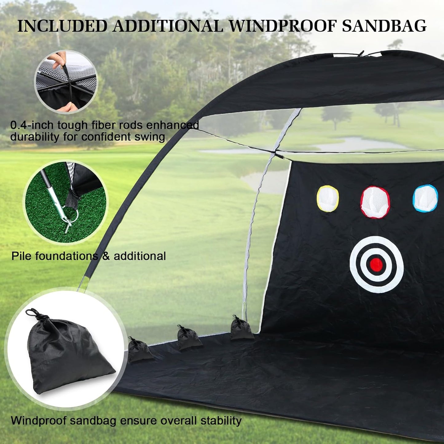 Golf Net with Noise Reduction Design, 10X7Ft, Black, Nylon, Golf Hitting Net System, Practice Net with Tri-Turf Mat