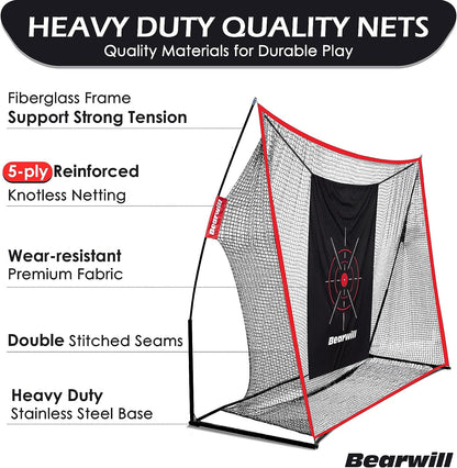 Golf Net, 10X7Ft Heavy Duty Golf Practice Nets with Mat, Target Cloth, 8 Tees, 6 Balls, Carry Bag for Backyard Driving Chipping Indoor Outdoor Training