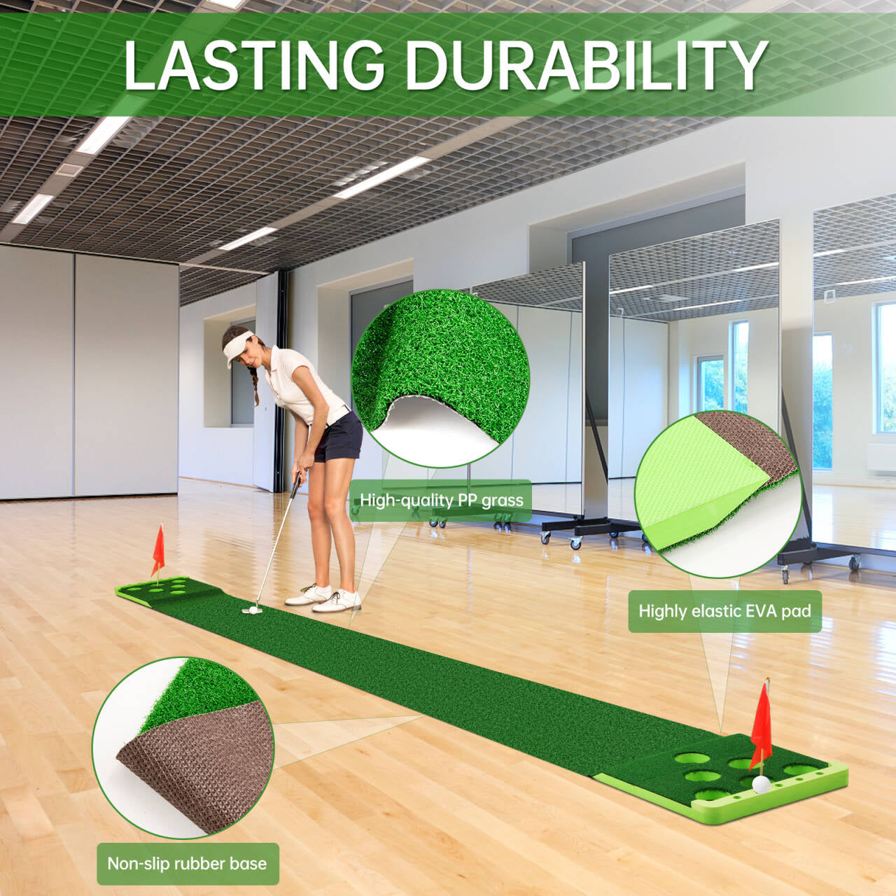 Golf Pong Hitting & Putting Mats with Front Border for Indoor & Outdoor, 8 Pieces